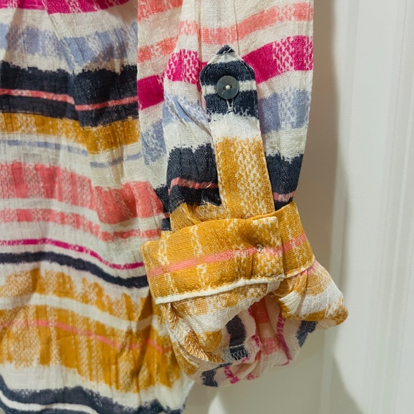 Zac Rachel colorful Striped Long Roll Tab Sleeve V neck Button Top Blouse size L - Picture 7 of 11